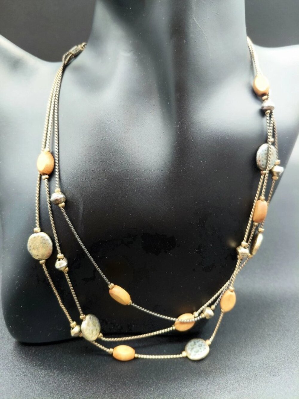 Multi Strand Chain Necklace Wood Beaded Silver Tone Costume Fashion Jewelry